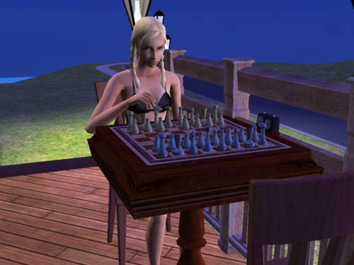 Ally plays chess in the twilight in her undies