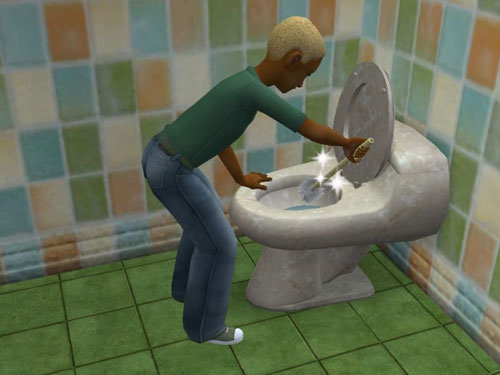 Gabriel cleaning the toilet until it sparkles