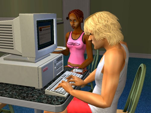 George at the keyboard job-hunting; Sheila in her undies eating pancakes