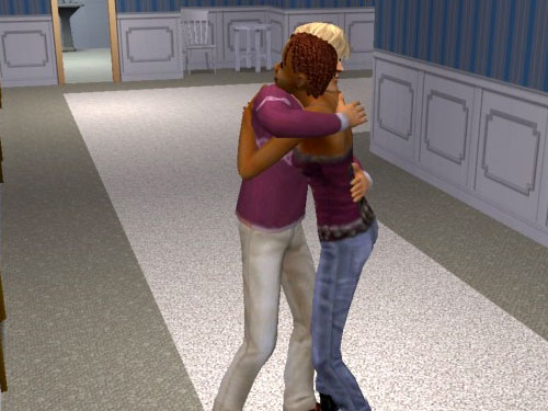 George and Sheila hug in the hallway