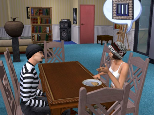 Joan and Peran discuss jail; Peran is in his Robber togs