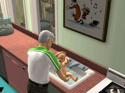 John bathes James in the kitchen sink