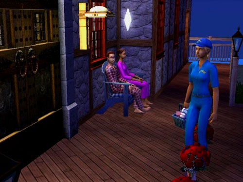 Mitch, siting with Christy on the front porch bench in their jammies, watches the grocery delivery girl