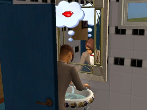 Nolan at the sink, thinking about kissing
