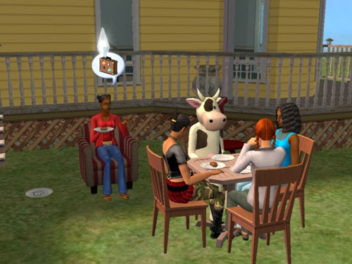 Regina hosts a party on the lawn; guests include a cow