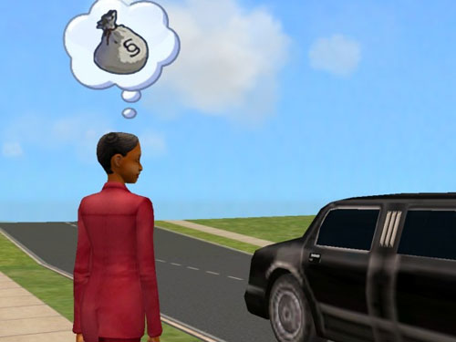 Regina looks at a limo and thinks of bags FULL of money