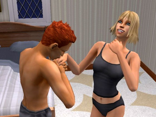 Remington kisses Tara's hand.  Tara in her undies, without glasses or hat, turns out to be a real hottie.