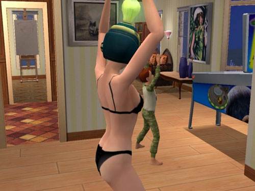 Sally (in her undies) and Phoenix, doing jumping jacks