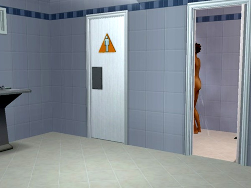 Sophie in the shower, with the door open