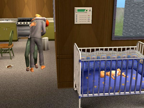Baby Aaron sleeps in his crib in the foyer while his parents smooch in the background