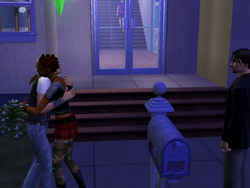 Zachary hugs Sophie, in the twilight, out in front of her dorm